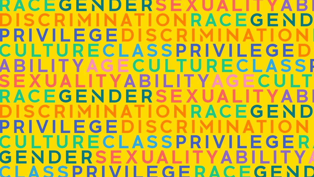 Graphic design with multi-coloured text describing all of the factors of intersectionality.