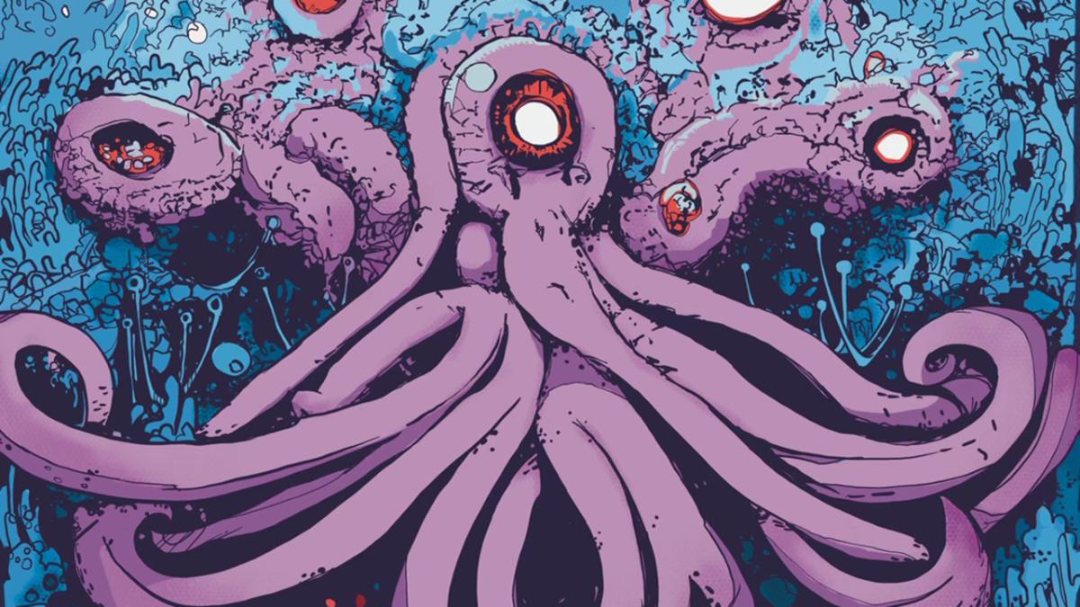 Illustration of a legendary octopus in the city of Atlantis