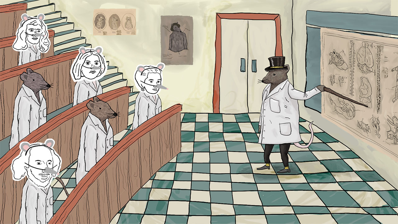 Illustration of rats and mice in an old school lecture hall