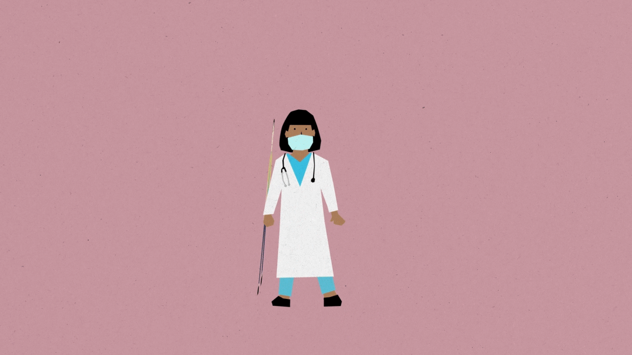 Pink background with care workers in a paper chain