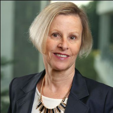 Professor Deborah Healey, wearing a dark suit and a white top with metal necklace
