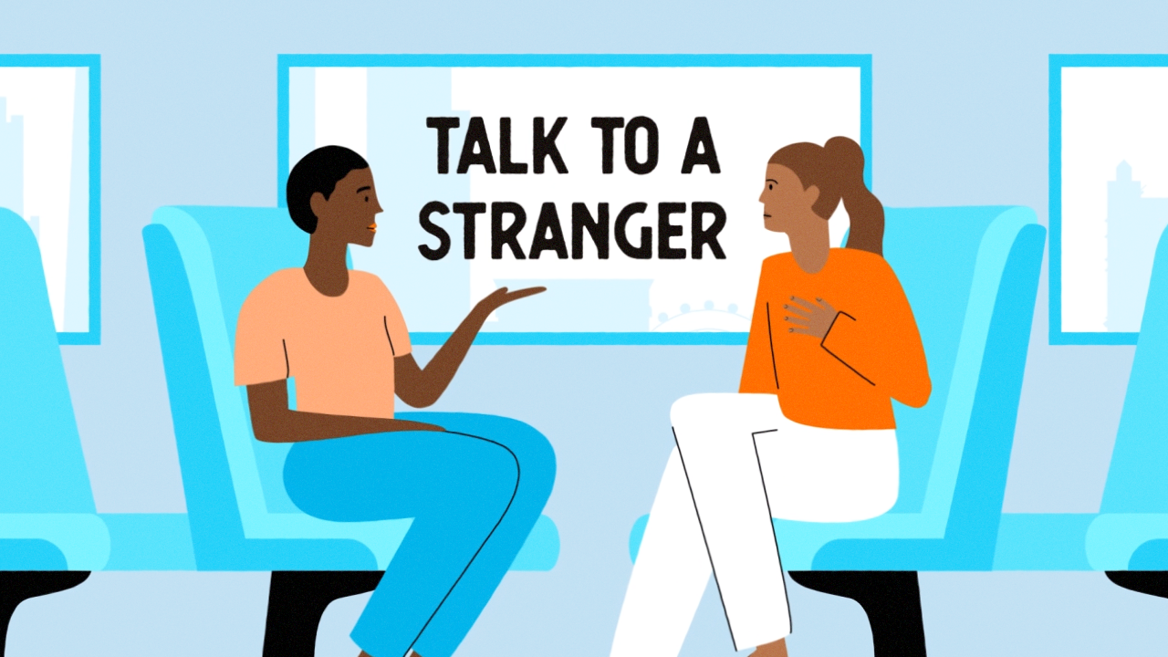 illustration of two people talking to each other on a train