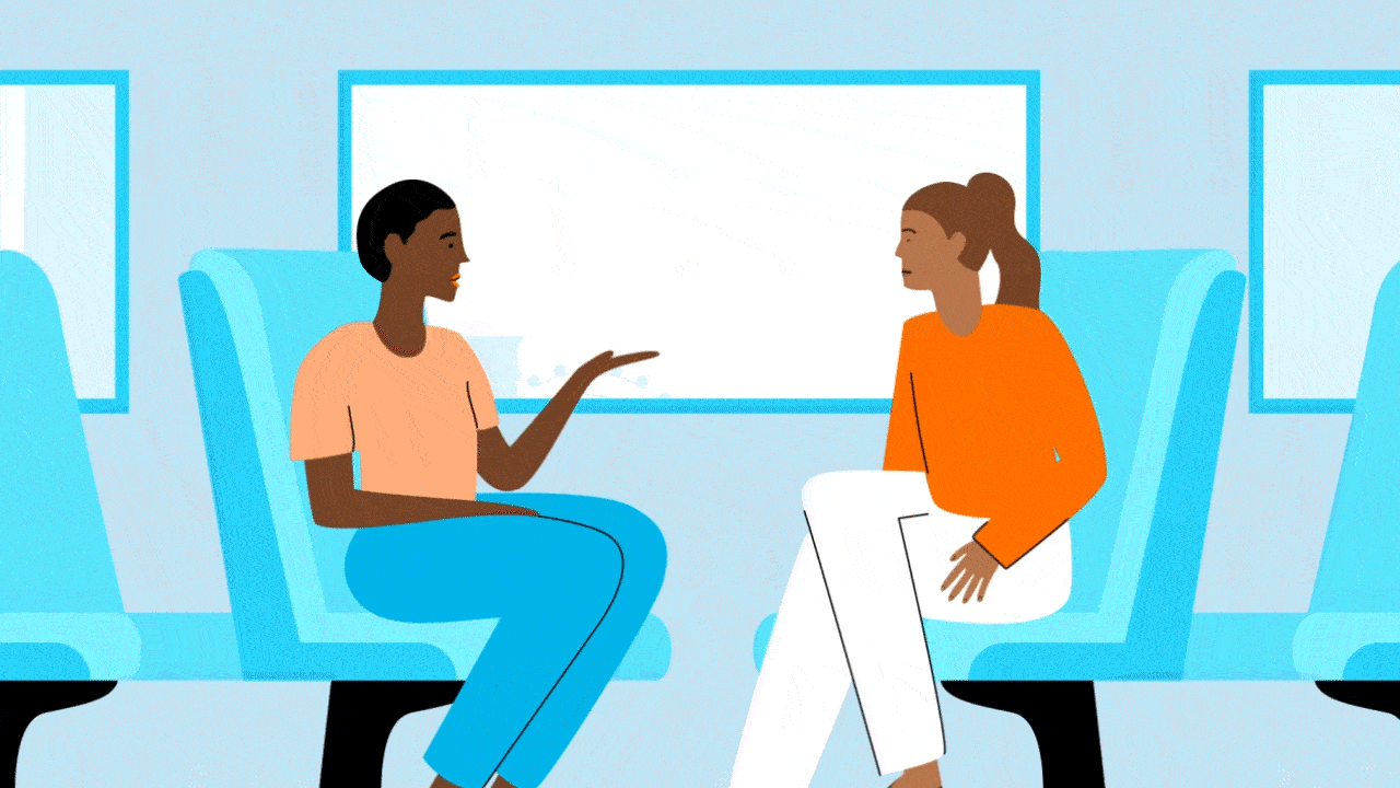 illustration of two people talking to each other on a train