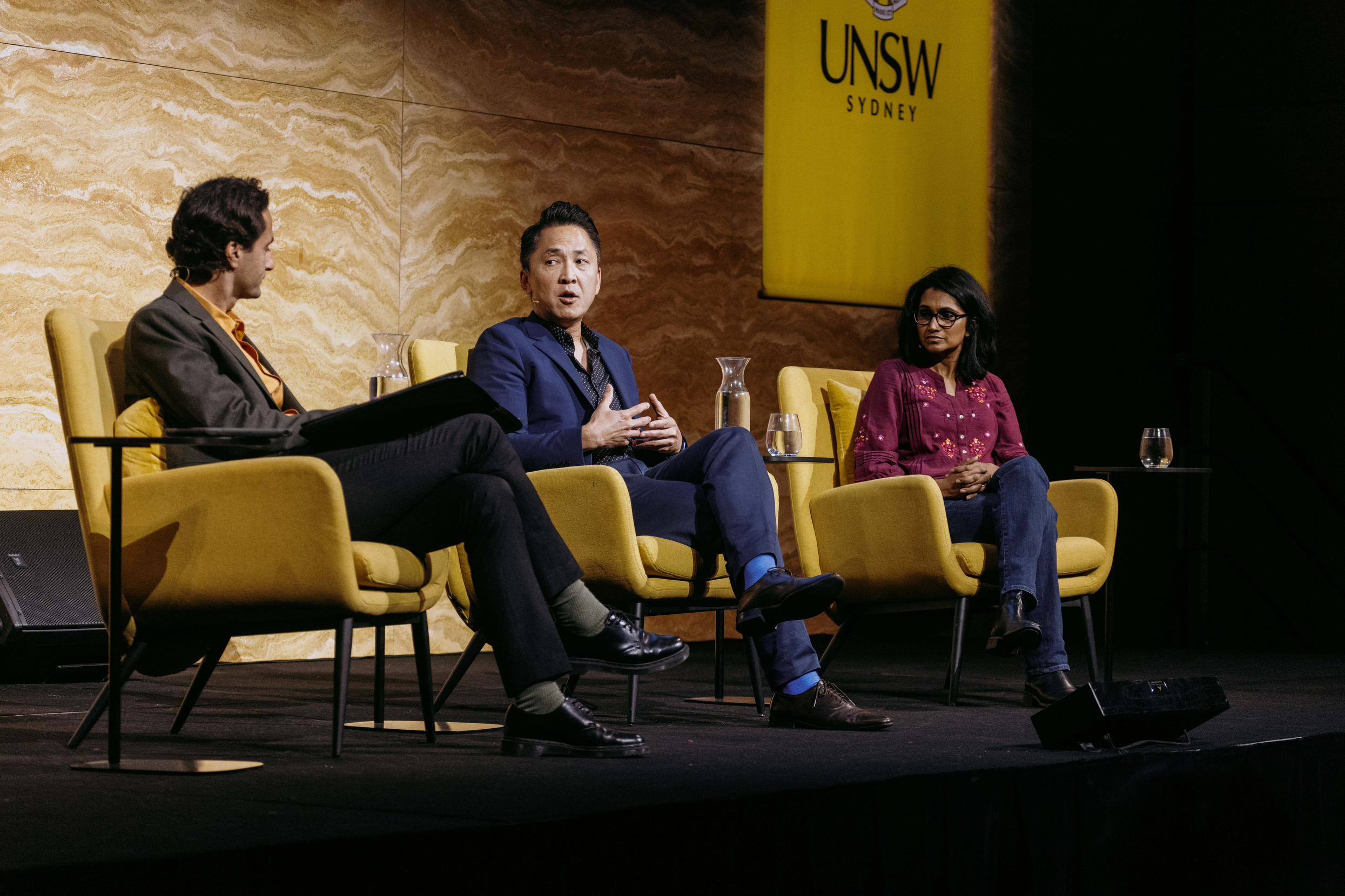 Viet Thanh Nguyen, Shankari Chandran and Daniel Ghezelbash on stage