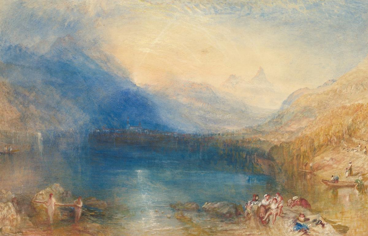 Landscape painting by J M W Turner of lake and hills