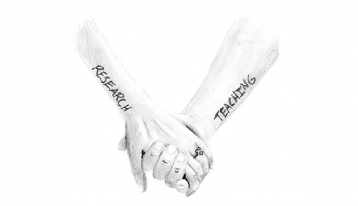 Two holding hands, one hand has Teaching on it, the other hand has Research on it