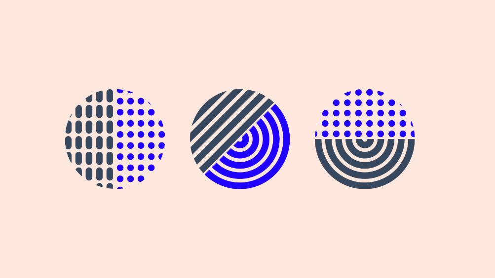 graphic image of three cirlces in blue and black stripes and dots, against a light pink background