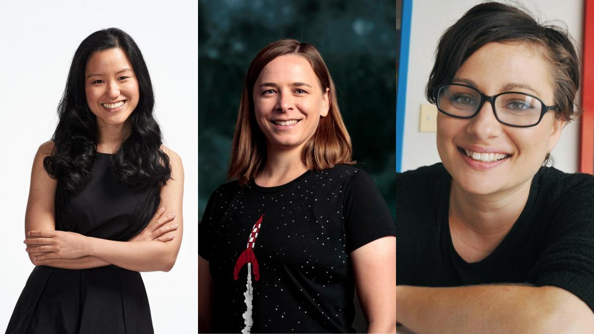 three photos of three women smiling