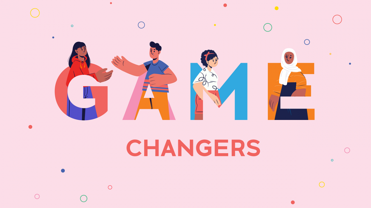 Graphic design of the words Game Changers. Each letter in GAME morphs into a human shape, representing diversity in sport. 