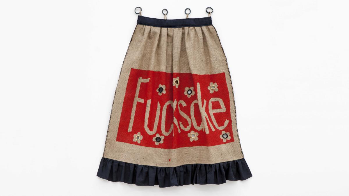 a cloth apron with writing