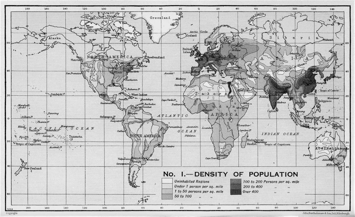 An image of the world, highlighting population density by country. 