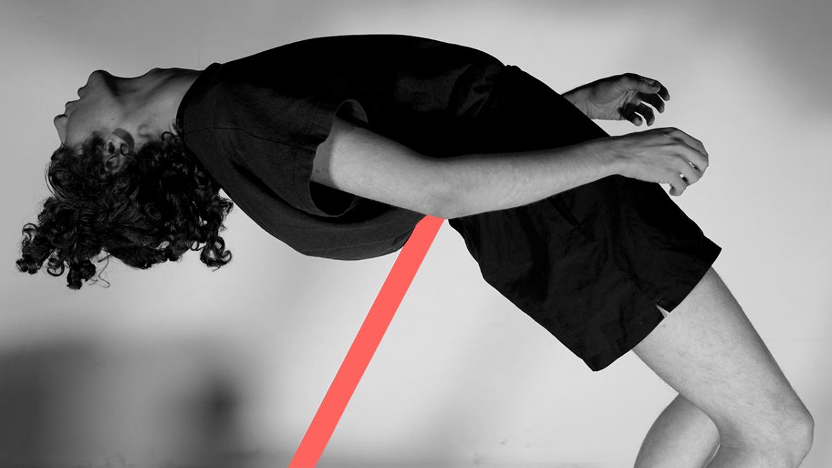 photo of a performer bent impossibly backwards, a red graphic line leading from the ground to the fulcrum on their back