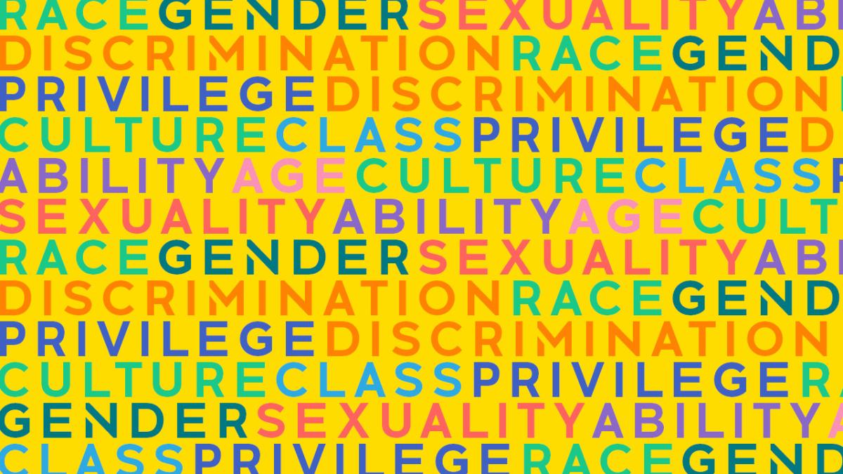 Yellow background covered in words like race, gender, privilege, class