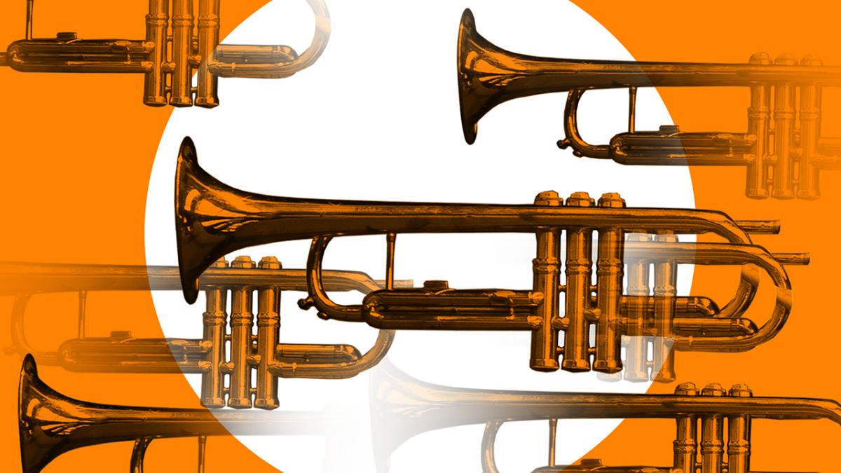 A trumpet as if seen through an abstract kaleidoscope. 
