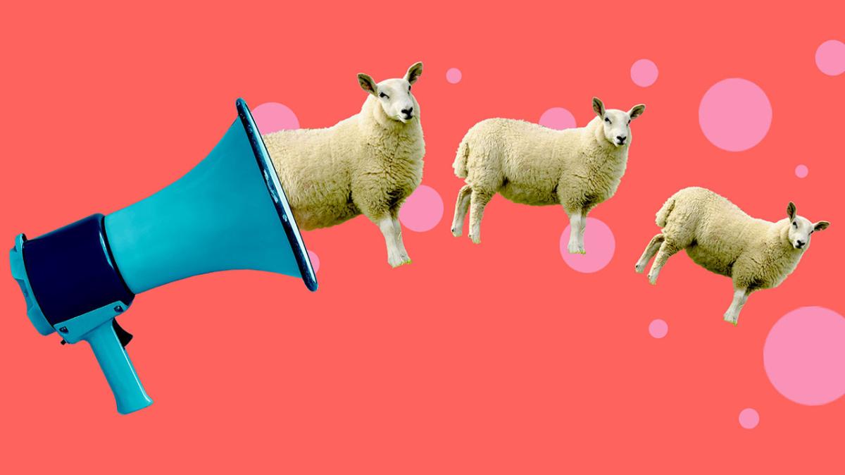 abstract collage with a line of sheep coming out of a megaphone
