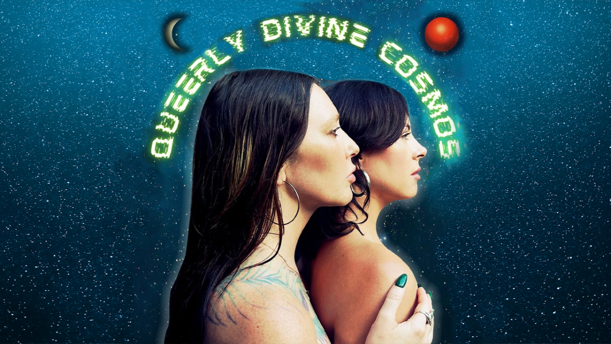 Portrait of two women with space graphics.