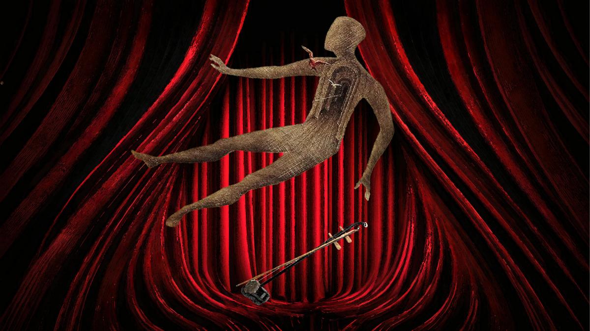 Person with a Erhu falling through a set of curtains.