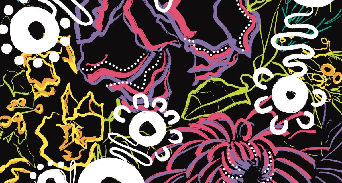 Indigenous artwork.  Black background, white, pink, yellow and red flowers