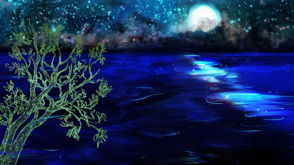 a moon rises over the ocean with a tree in the foreground. 
