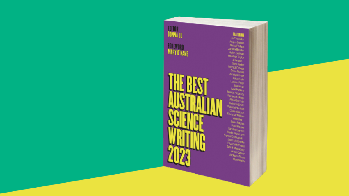 purple book with the yellow text 'the best australian science writing 2023' on a purple and light green background