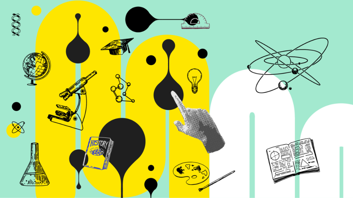 black science icons on green and yellow background