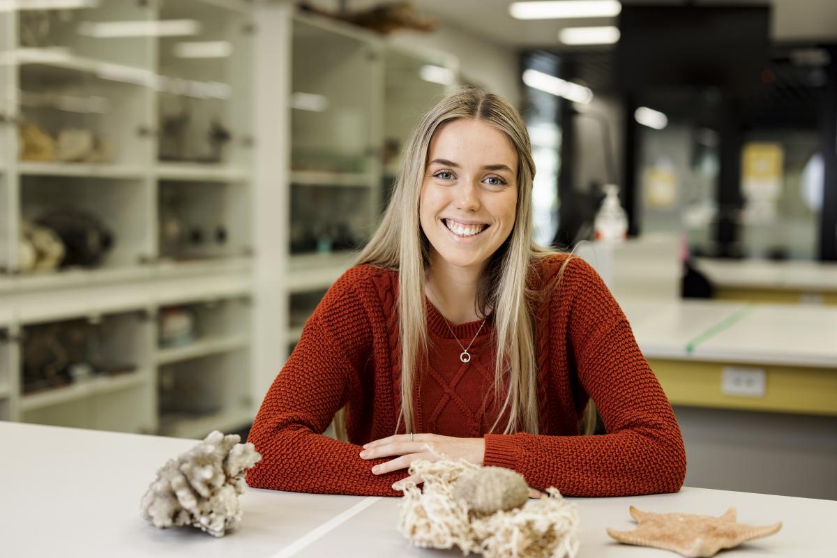 A female student in bone lab