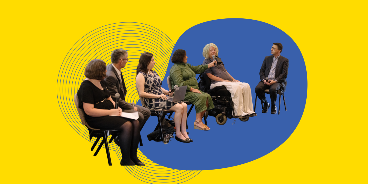 six speakers seated in a line holding hand held microphones 