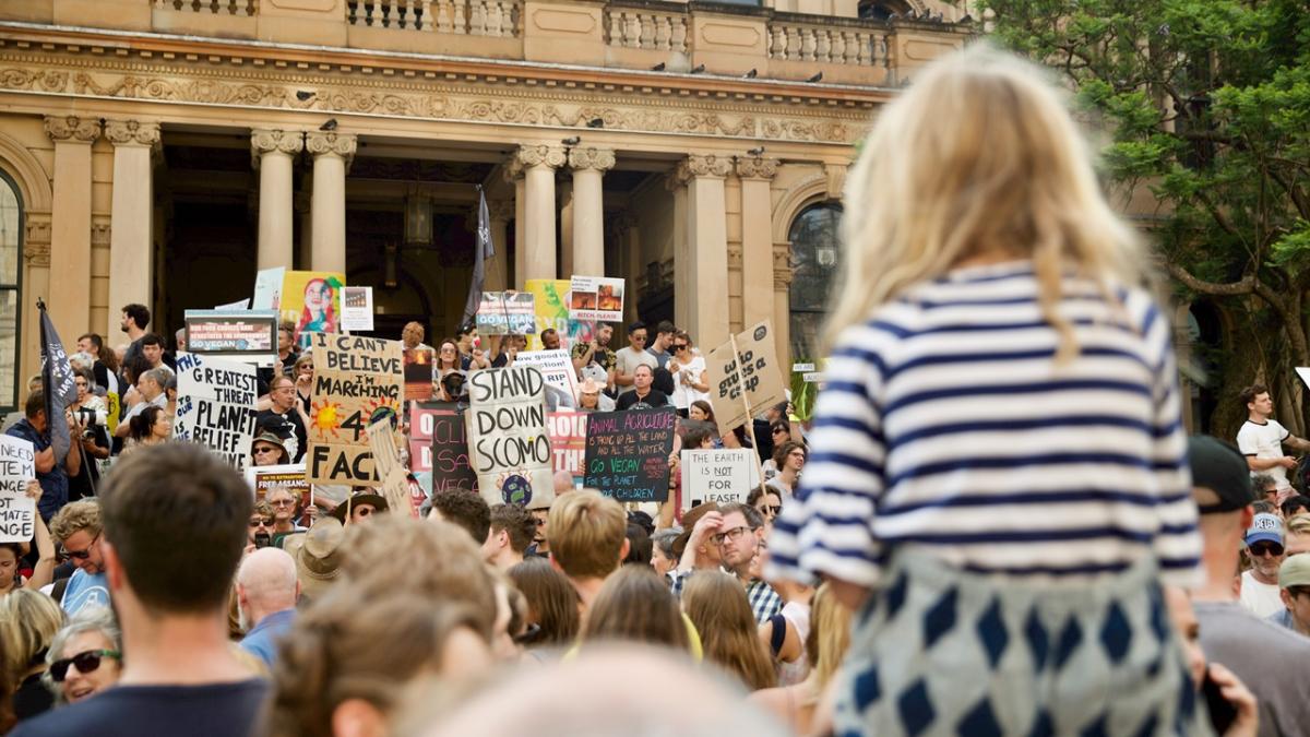 Protesters gather in front of Town Hall, Sydney NSW