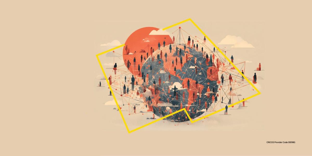 AI-generated image: Illustration of Earth surrounded by people who appear to be interconnected by digital-looking nodes. An orange sun is behind the Earth, and the background is a light tan colour.