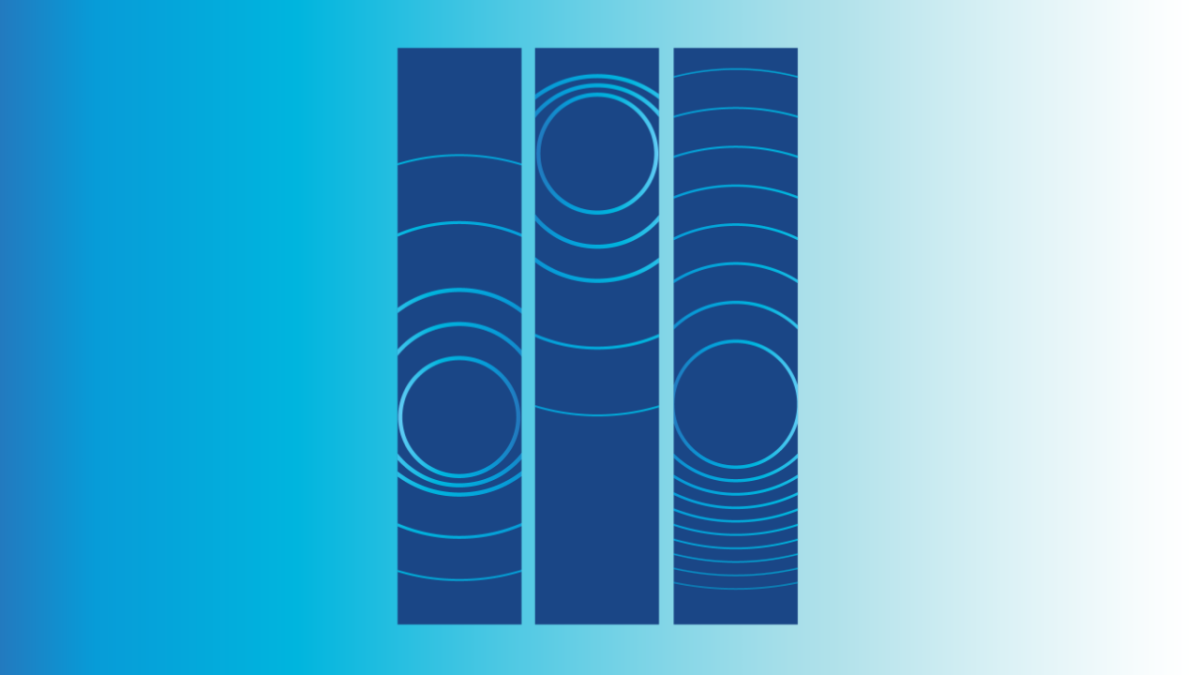 AE2 concert imagery, blue gradient background with three centred navy rectangles, with blue circular line art inside them