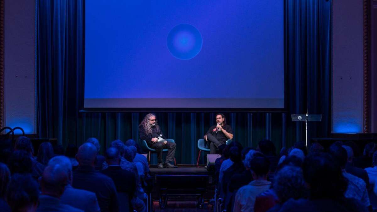 Artist Khaled Sabsabi and curator Michael Dagostino in conversation at Parramatta Town Hall. Photo by Garry Trinh
