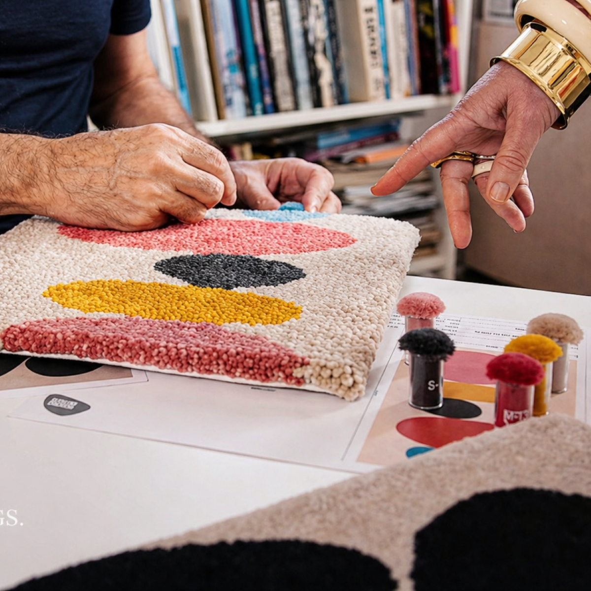 photo of a man's hands working on making a rug and a woman's hand pointing at the rug