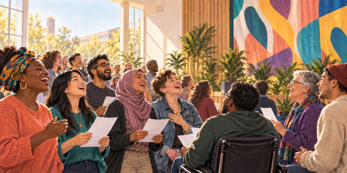 Graphic of a group of people with various cultural backgrounds singing