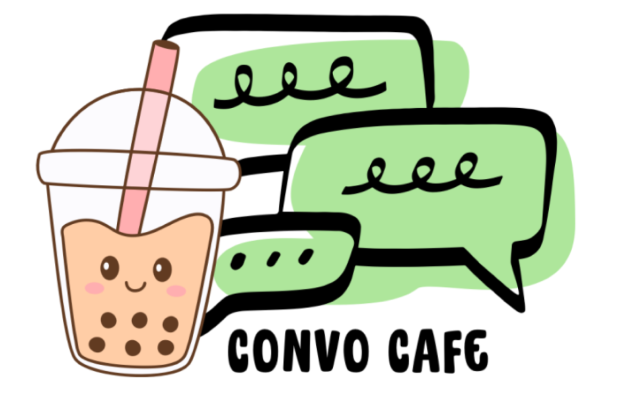 Graphic with picture of bubble tea and words Convo Cafe